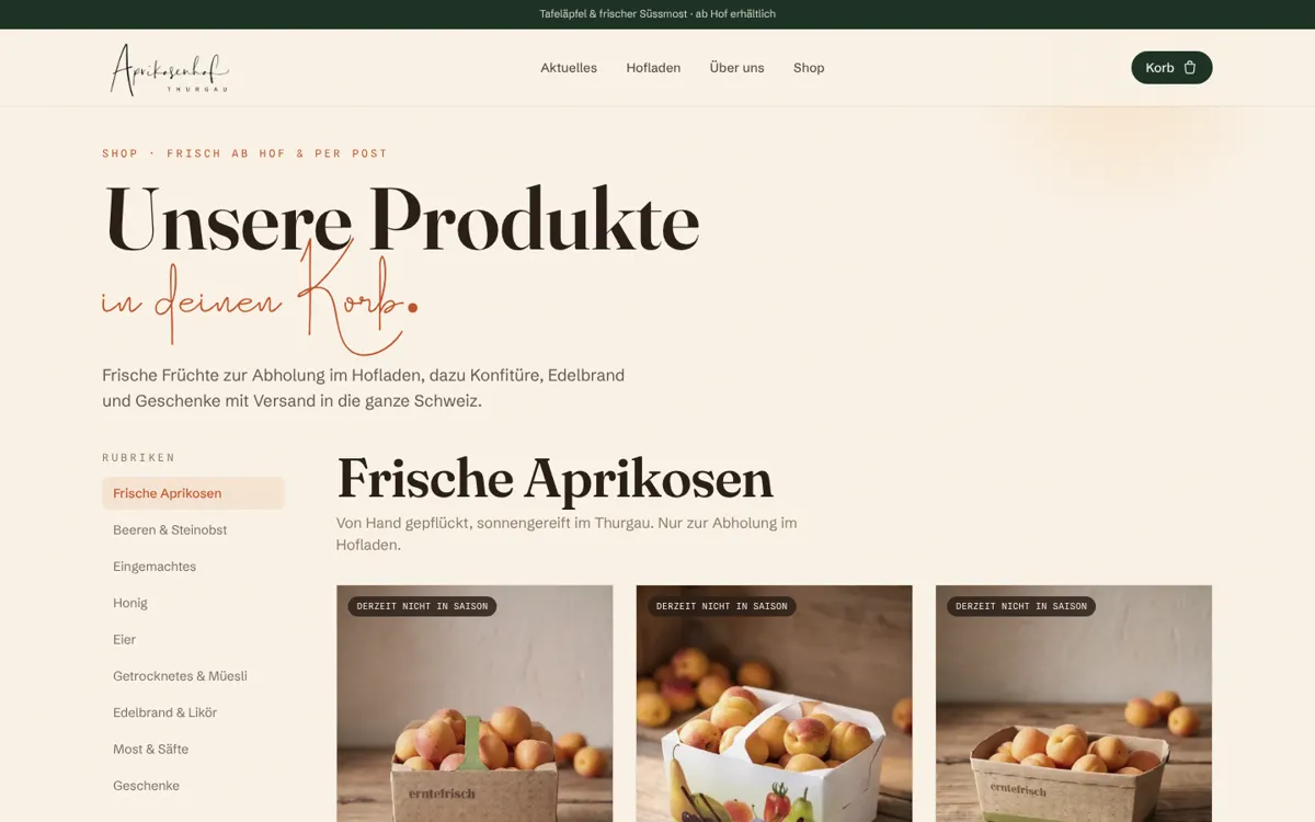 Shop von aprikosenhof.ch: Rubriken links, frische Aprikosen mit dem Hinweis «derzeit nicht in Saison».